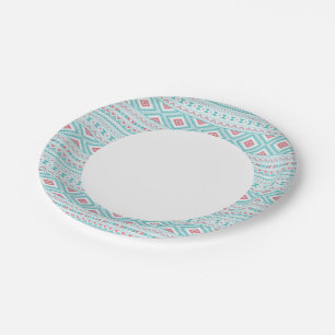 Teal and Pink Aztec Tribal Pattern Paper Plate