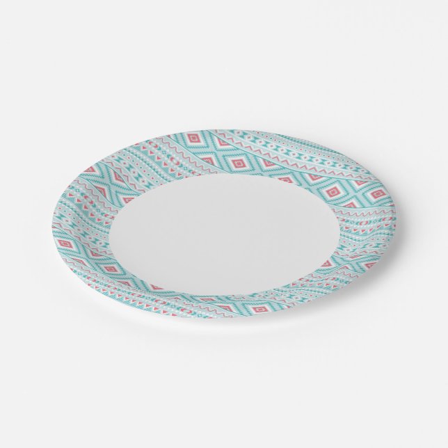 Teal and Pink Aztec Tribal Pattern Paper Plate (Angled)