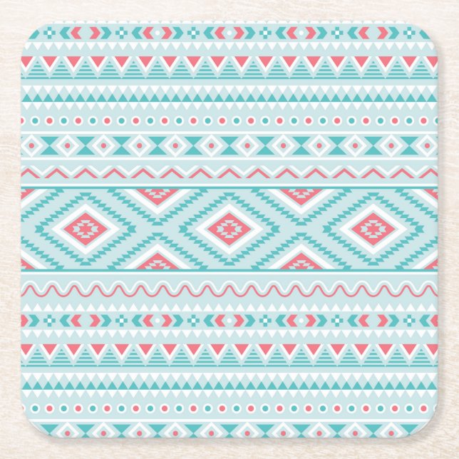 Teal and Pink Aztec Tribal Pattern Square Paper Coaster (Front)