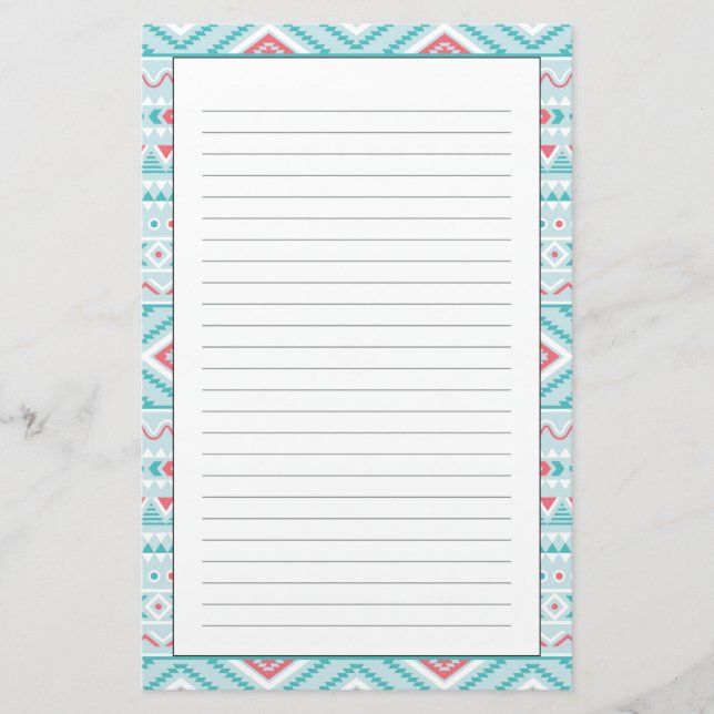 Teal and Pink Aztec Tribal Pattern Stationery (Front)