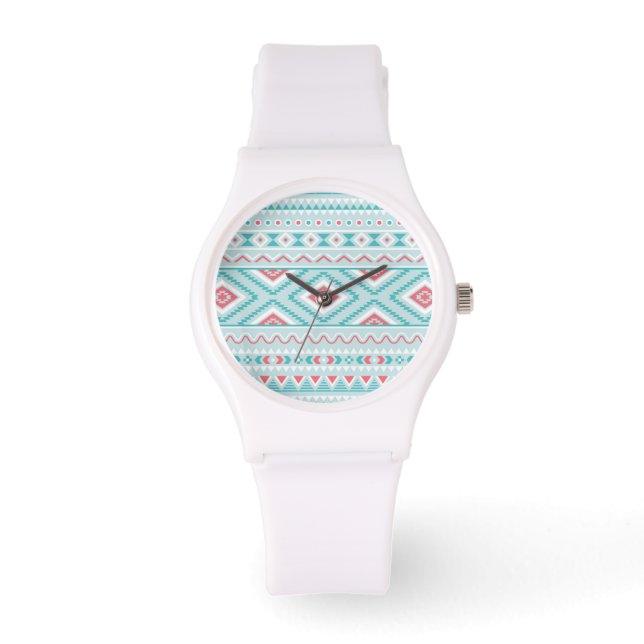 Teal and Pink Aztec Tribal Pattern Watch (Front)