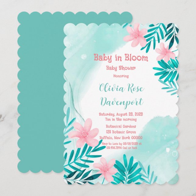 Teal and Pink Floral Baby In Bloom Baby Shower Inv Invitation (Front/Back)