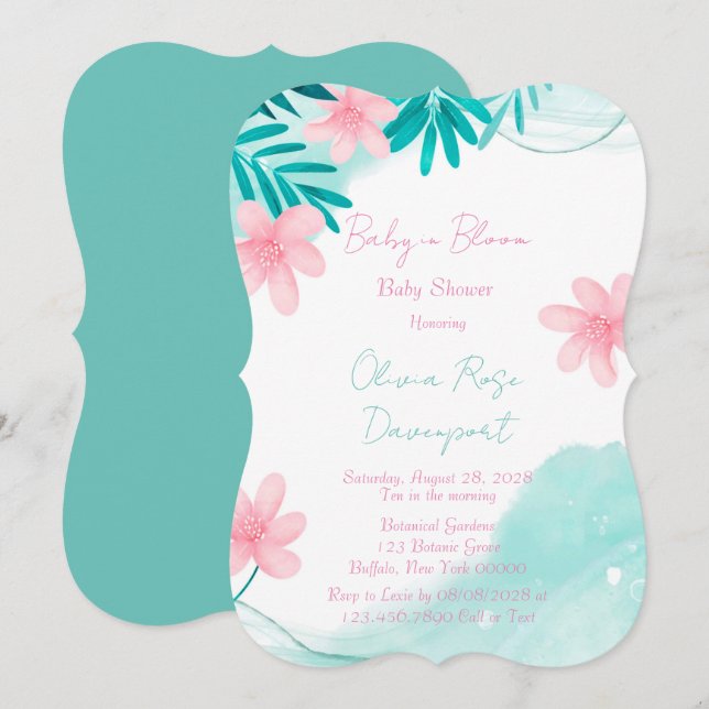 Teal and Pink Floral Baby In Bloom Baby Shower Invitation (Front/Back)