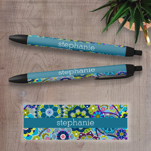 Teal and Pink Floral Pattern with Custom Baby Name Black Ink Pen