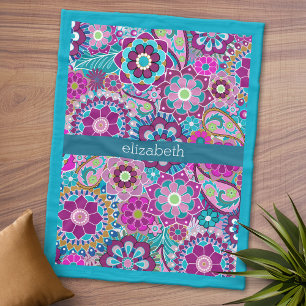 Teal and Pink Floral Pattern with Custom Baby Name Fleece Blanket