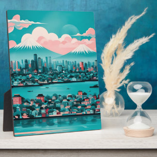 Teal and Pink Japan Skyline Mount Fuji Illustratio Plaque