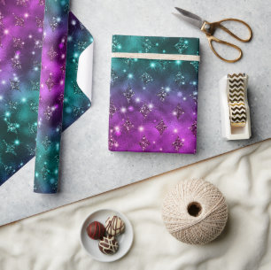 Teal and Pink Ombre Glitter Celestial Pattern Wrapping Paper