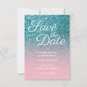 Teal and Pink Ombre Glitter Save the Date Invitation