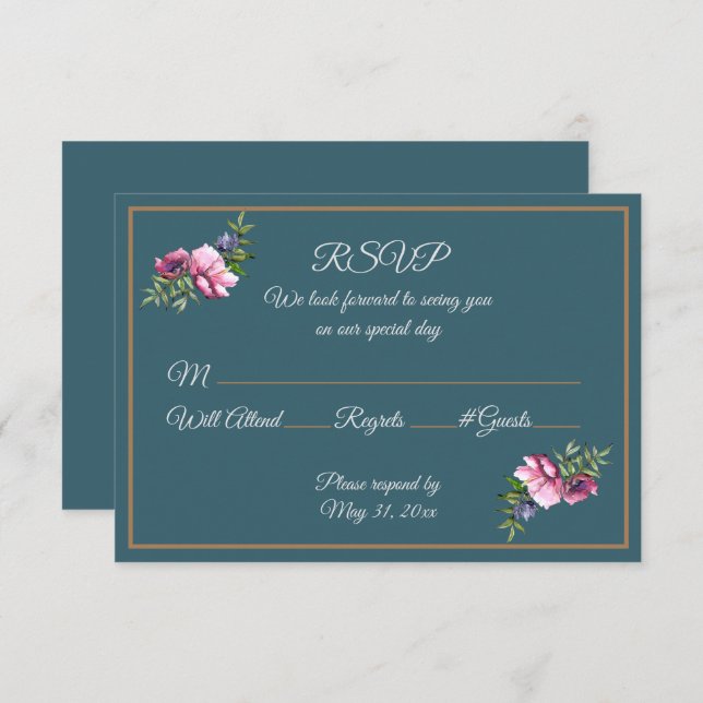 Teal and Pink Watercolor Flowers Invitation (Front/Back)