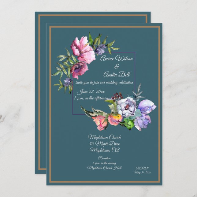 Teal and Pink Watercolor Flowers Invitation (Front/Back)