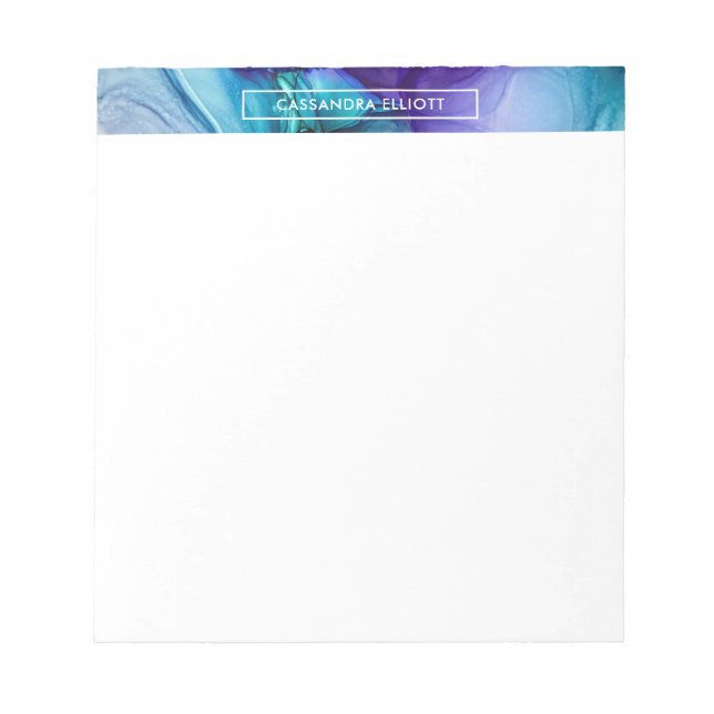 Teal and Purple Alcohol Ink Liquid Abstract Art Notepad (Front)
