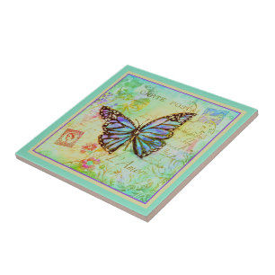 Teal and purple butterfly ceramic tile