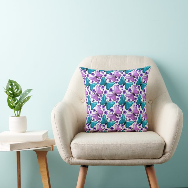 Teal and purple butterfly floral pattern  cushion (Chair)