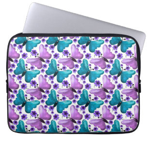 Teal and purple butterfly floral pattern laptop sleeve