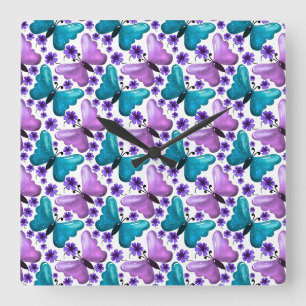 Teal and purple butterfly floral pattern square wall clock