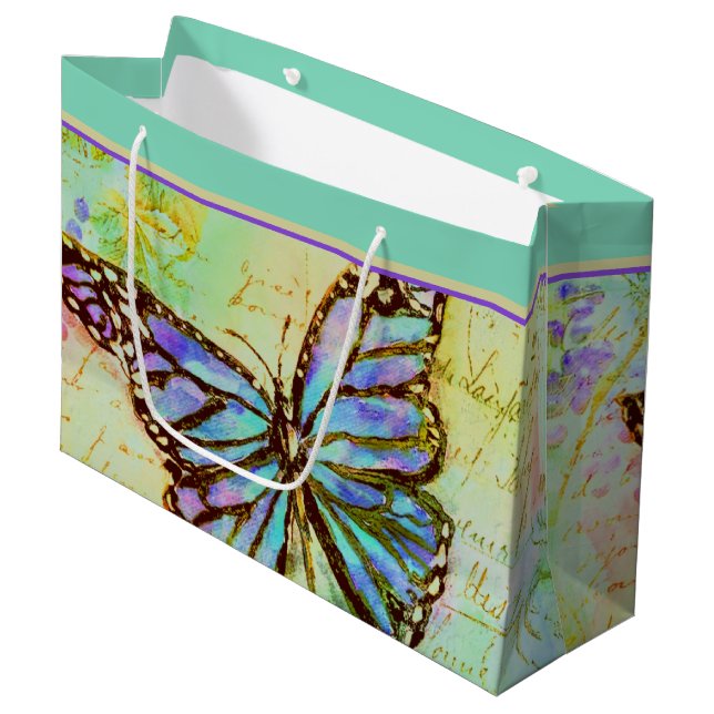 Teal and purple butterfly  large gift bag (Front Angled)