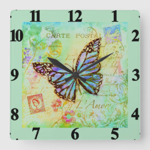 Teal and purple butterfly  square wall clock