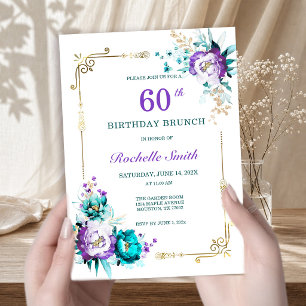 Teal and Purple Gold Birthday Brunch Invitation 