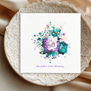 Teal and Purple Gold Floral Cocktail Napkins