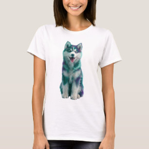 Teal and Purple Husky Pup Illustration Women T-Shirt