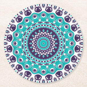 Teal and Purple Mandala Bold Geometric Symmetry Round Paper Coaster