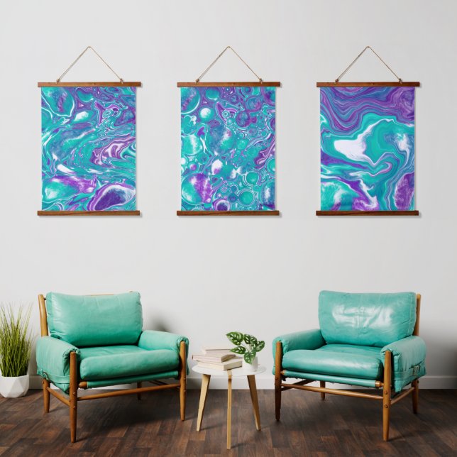 Teal and Purple Marble Fluid Art Hanging Tapestry (Living Room)
