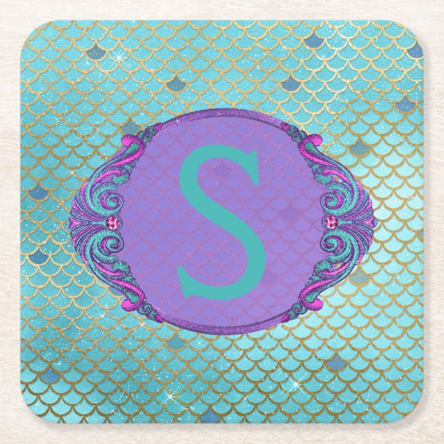 Teal and Purple Mermaid Scales Monogram Birthday Square Paper Coaster (Front)