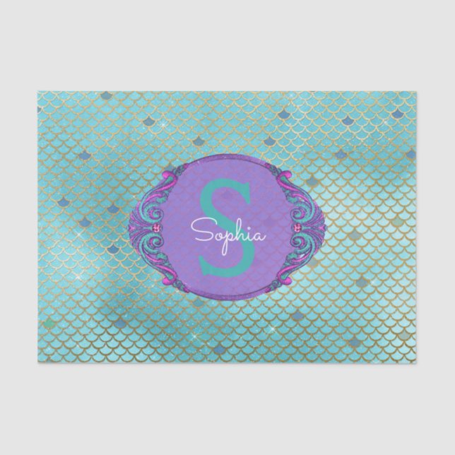 Teal and Purple Mermaid Scales Monogram Birthday Tissue Paper (Front)