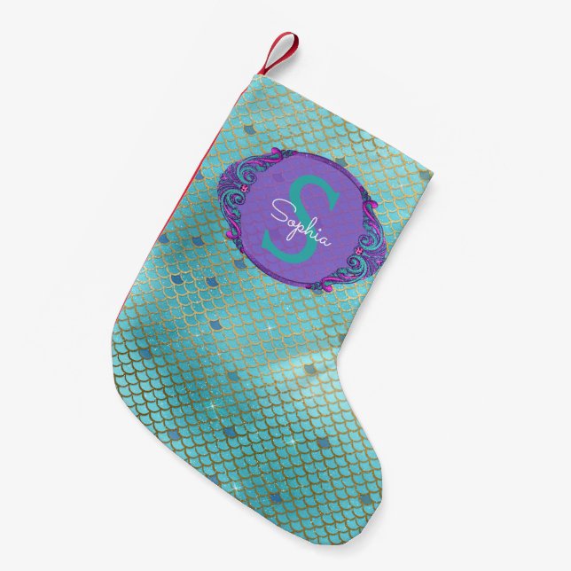 Teal and Purple Mermaid Scales Monogram Christmas Small Christmas Stocking (Front (Hanging))