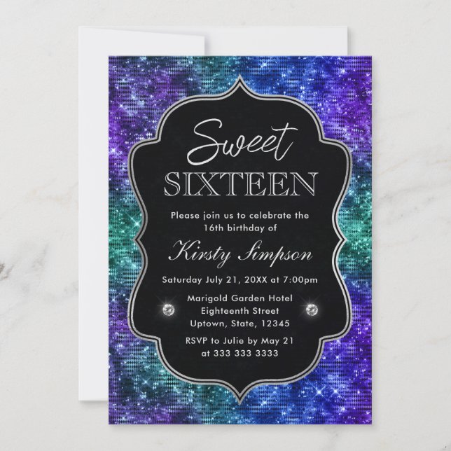 Teal and Purple Ocean Glamour Glitter Sweet 16 Invitation (Front)