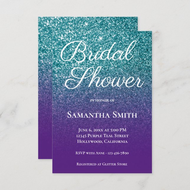 Teal and Purple Ombre Glitter Bridal Shower Invitation (Front/Back)