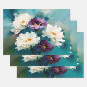 Teal and Purple Painterly Flowers Wrapping Paper Sheet