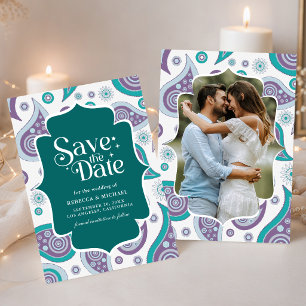 Teal and Purple Paisley Indian Style Wedding Photo Save The Date