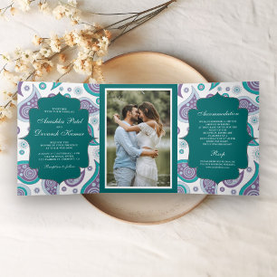 Teal and Purple Paisley Indian Style Wedding Photo Tri-Fold Invitation