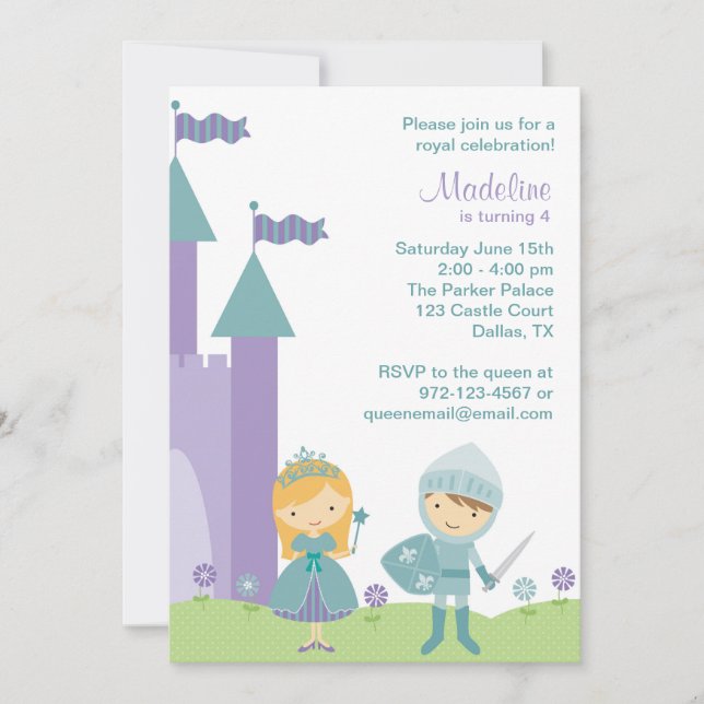 Teal and Purple Princess and Knight Invitations (Front)