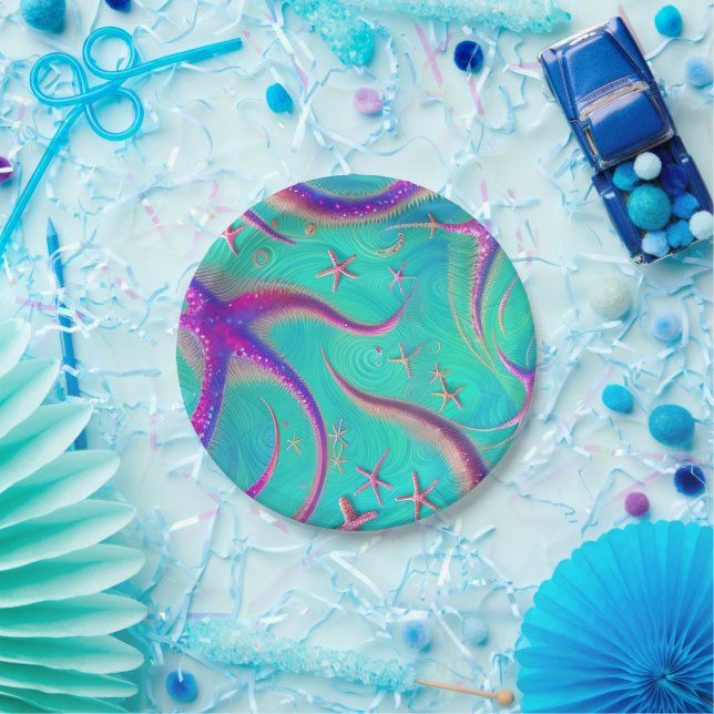  Teal and Purple Starfish Beachy  Paper Plate (Party)