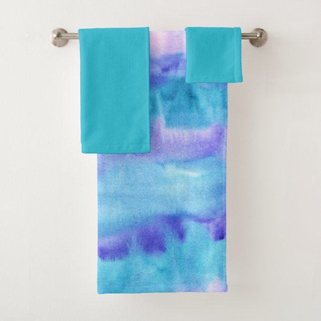 Teal and Purple Watercolor Design #2 | Bath Towel Set (Insitu)