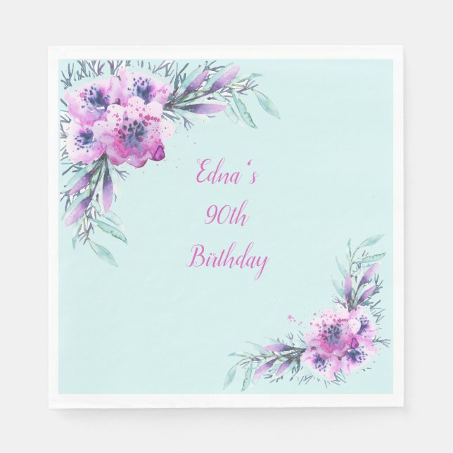 Teal and Purple Watercolor Flowers 90th Napkin (Front)