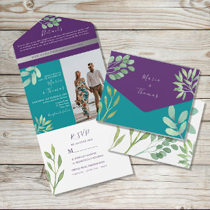 Teal and Purple Wedding All In One Invitation