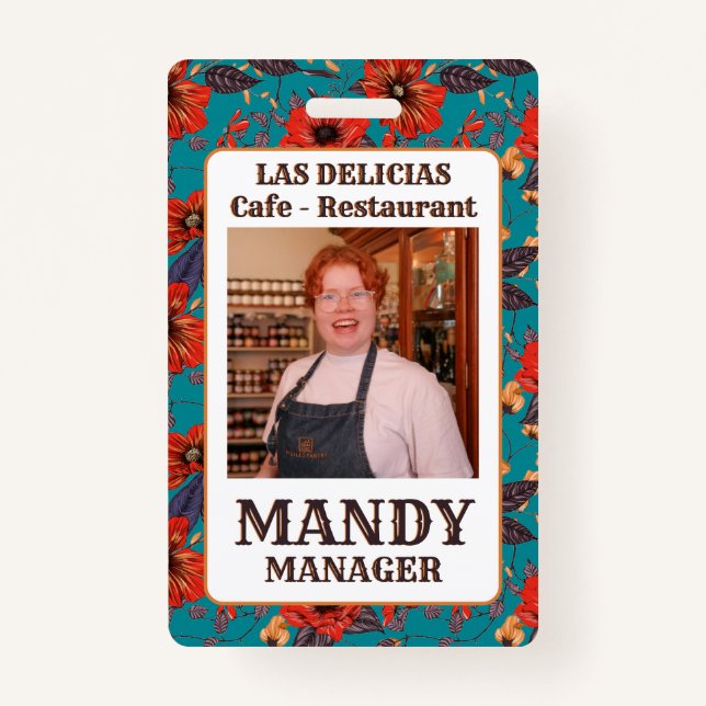 Teal and Red Floral Local Cafe Restaurant  ID Badge (Front)