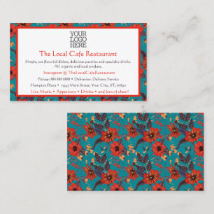 Teal and Red Floral Pattern Local Cafe Restaurant  Business Card