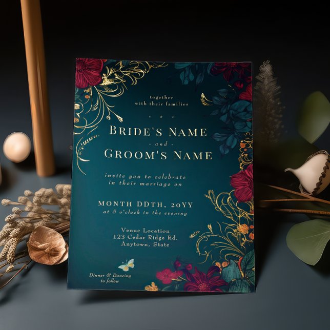 Teal and Red Jeweltone Floral Foil Invitation (Creator Uploaded)