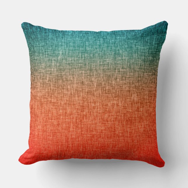 Teal and Red Orange Abstract Ombre Crosshatch Cushion (Front)