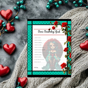 Teal and Red Roses Sugar Skull Dear Birthday Girl