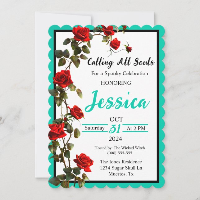 Teal and Red Roses Sugar Skull Invitation (Front)