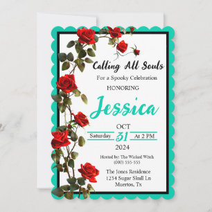 Teal and Red Roses Sugar Skull Invitation
