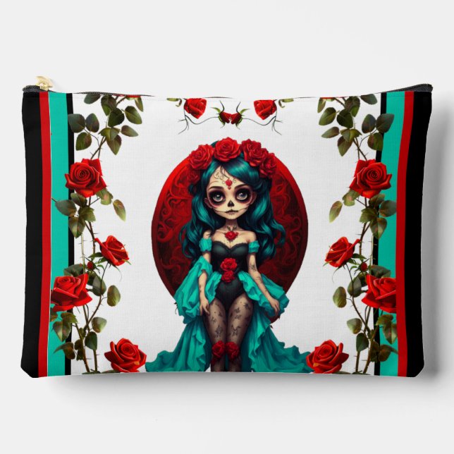 Teal and Red Roses Sugar Skulls Accessory Pouch (Front)