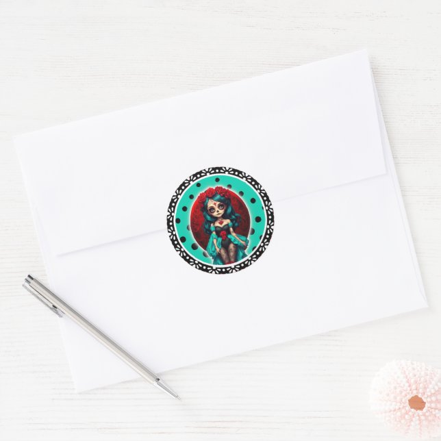 Teal and Red Roses Sugar Skulls Classic Round Sticker (Envelope)