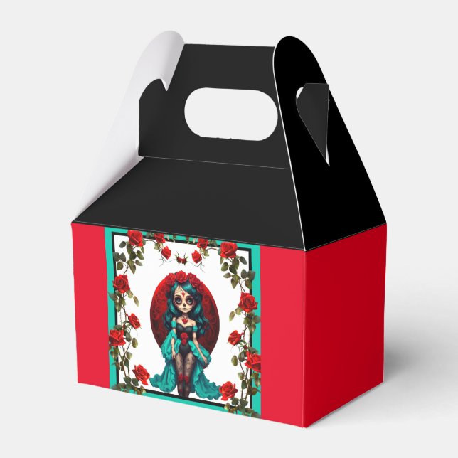 Teal and Red Roses Sugar Skulls    Favour Box (Front Side)