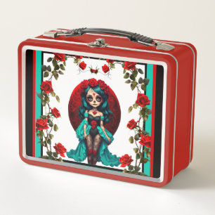 Teal and Red Roses Sugar Skulls Metal Lunch Box